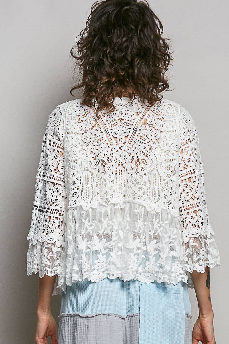 V-neck Short Sleeve Crochet Floral Lace Cardigan