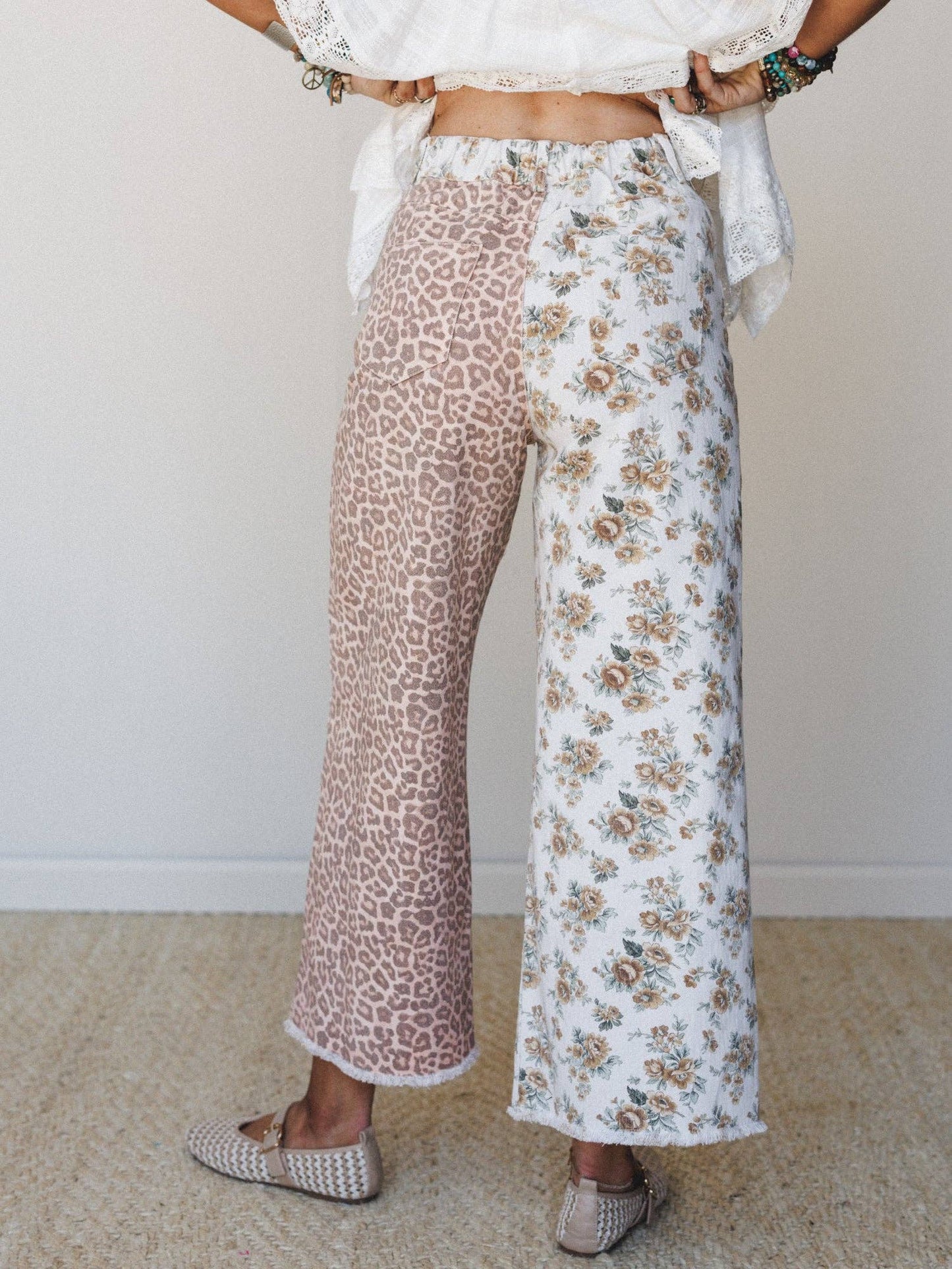 Ezra Mixed Print Wide Leg Jeans - Ivory Multi