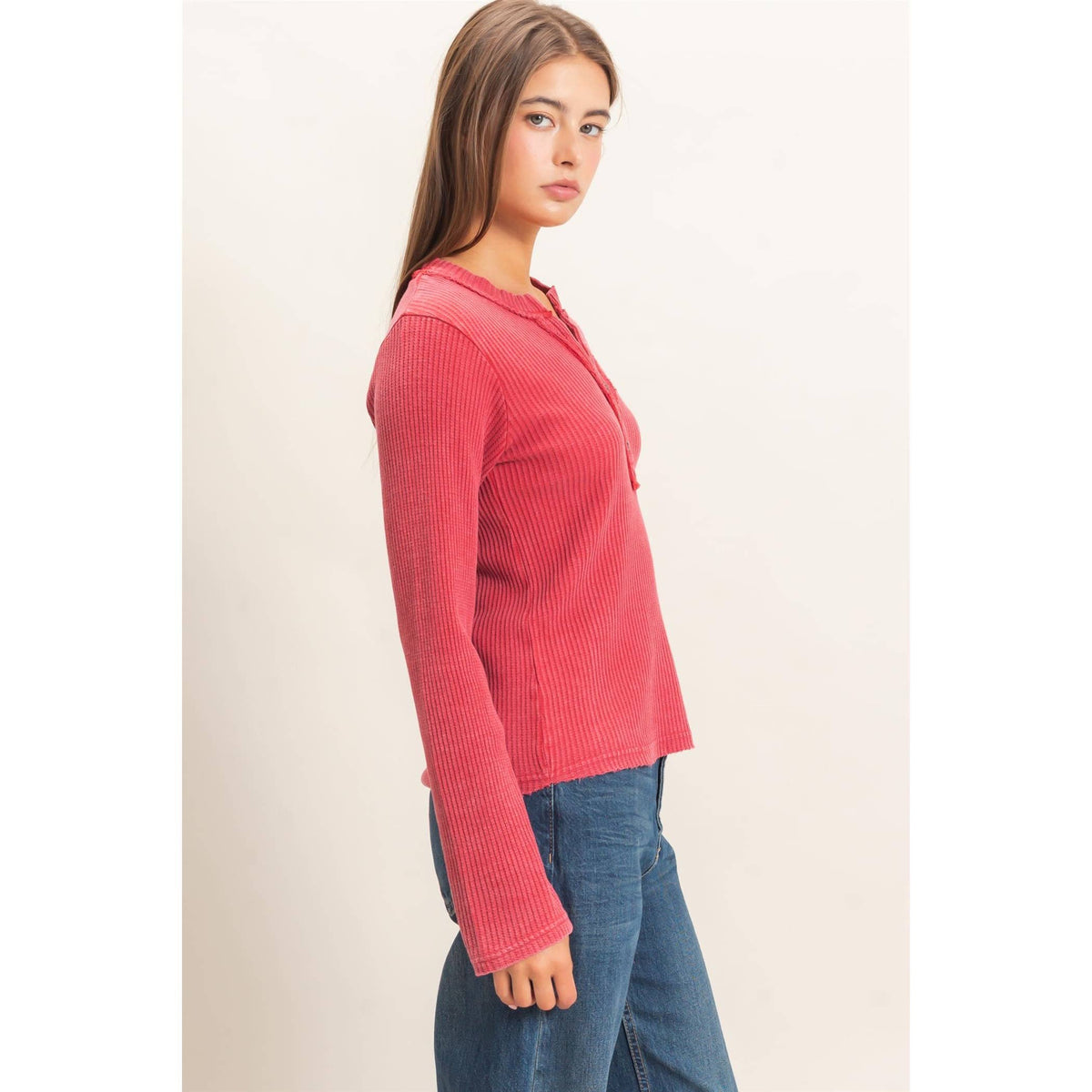 Mineral Wash Waffle Henley Long Sleeve Top
