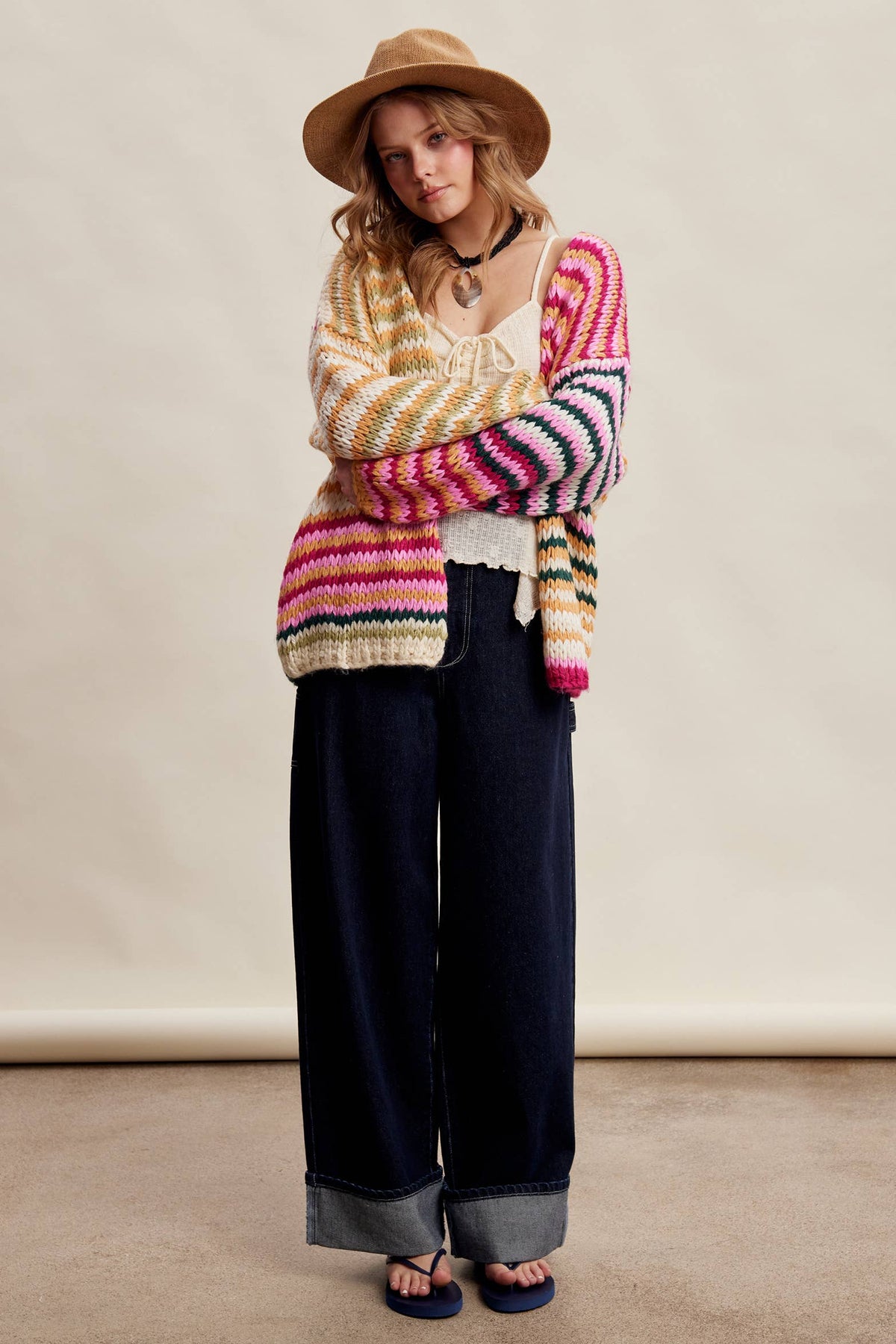 Chunky Multi Stripe Knit Cardigan LSW0731