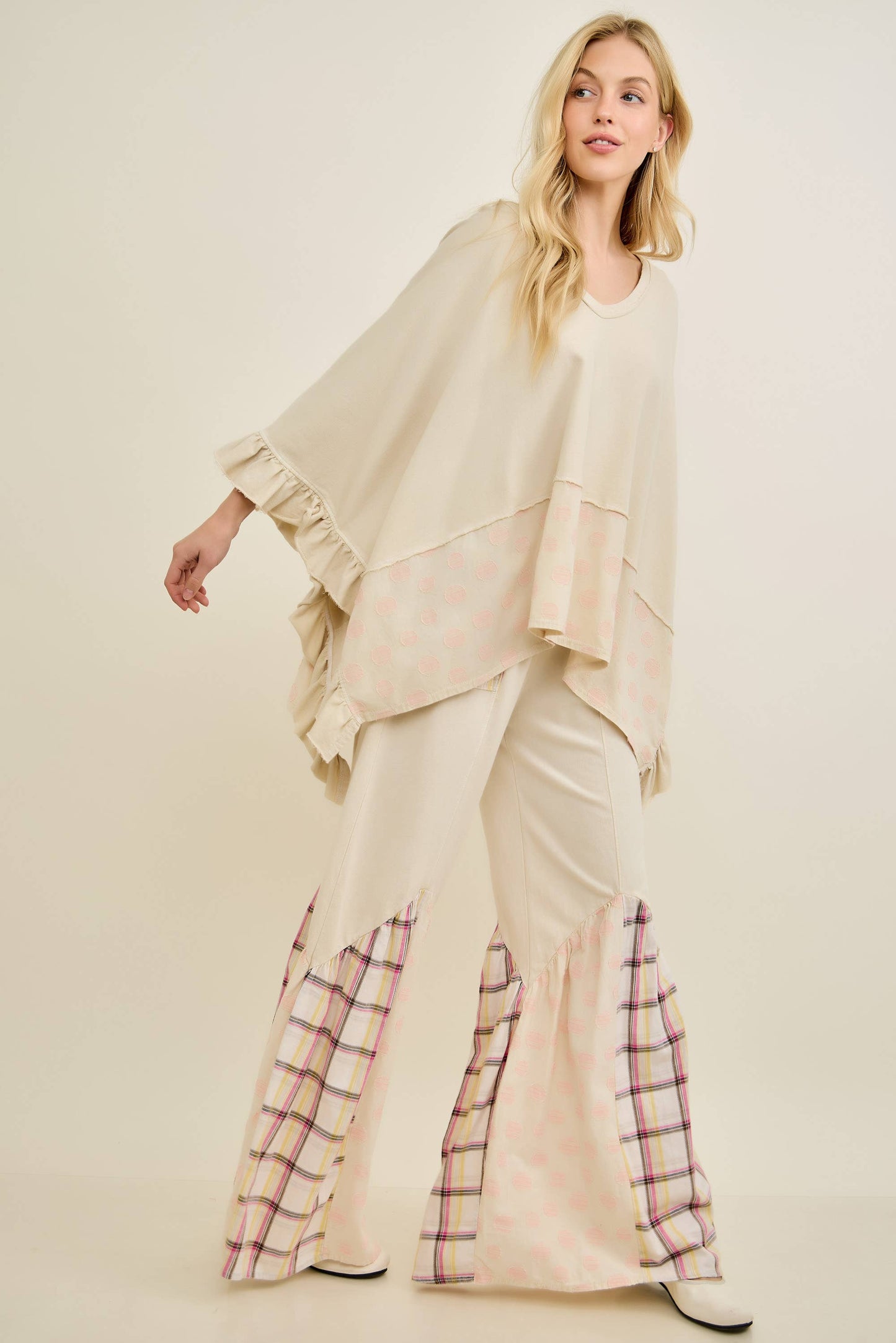 Mineral Washed Boho Polkadot Ruffle Poncho top HT7014P1