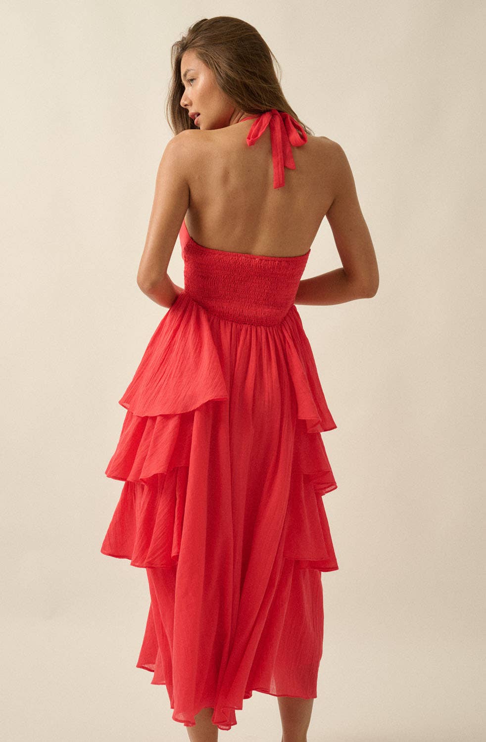 Solid Woven Tiered Ruffle Open-Back Halter Maxi Dress