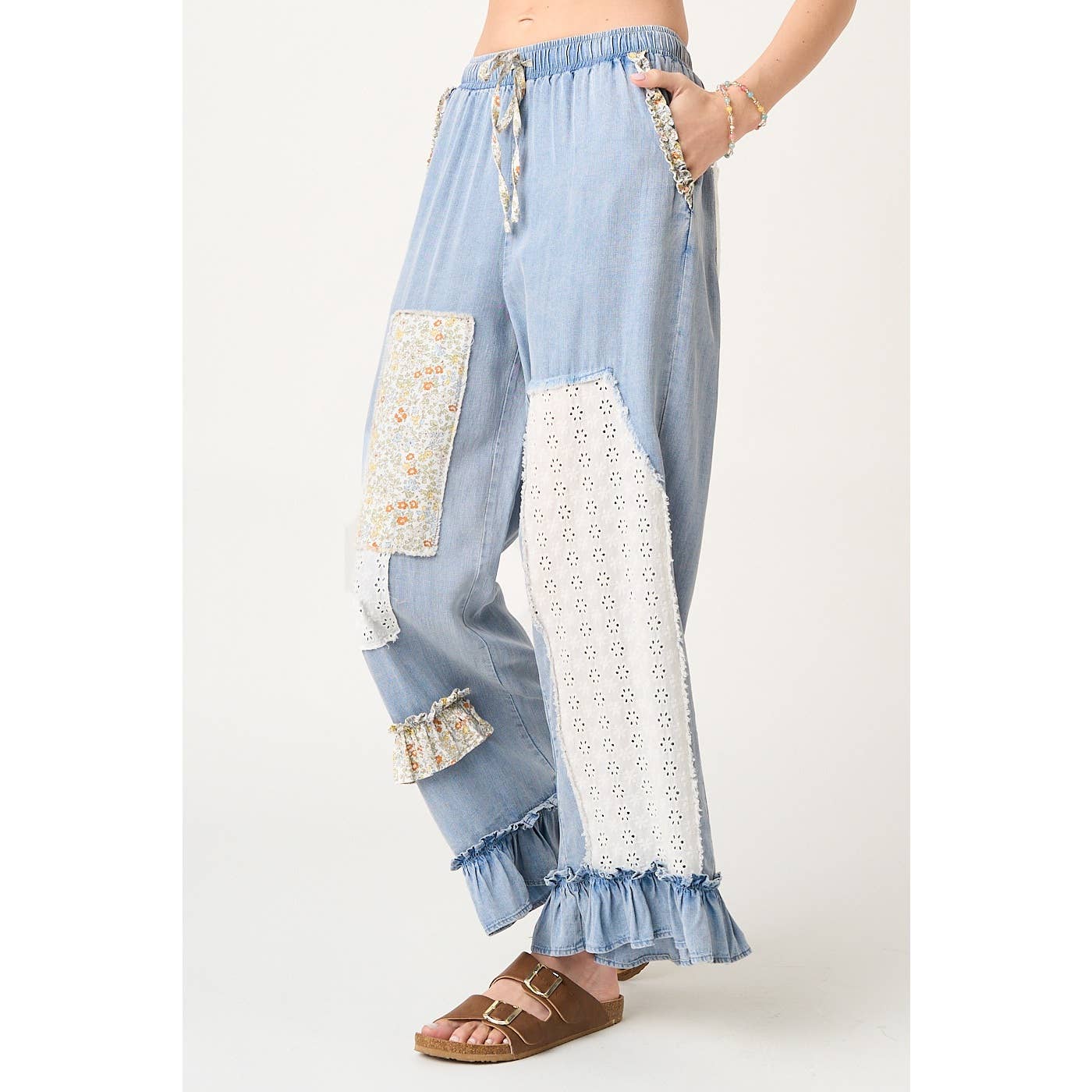 WASHED CHAMBRAY PATCHWORK WIDE LEG PANTS
