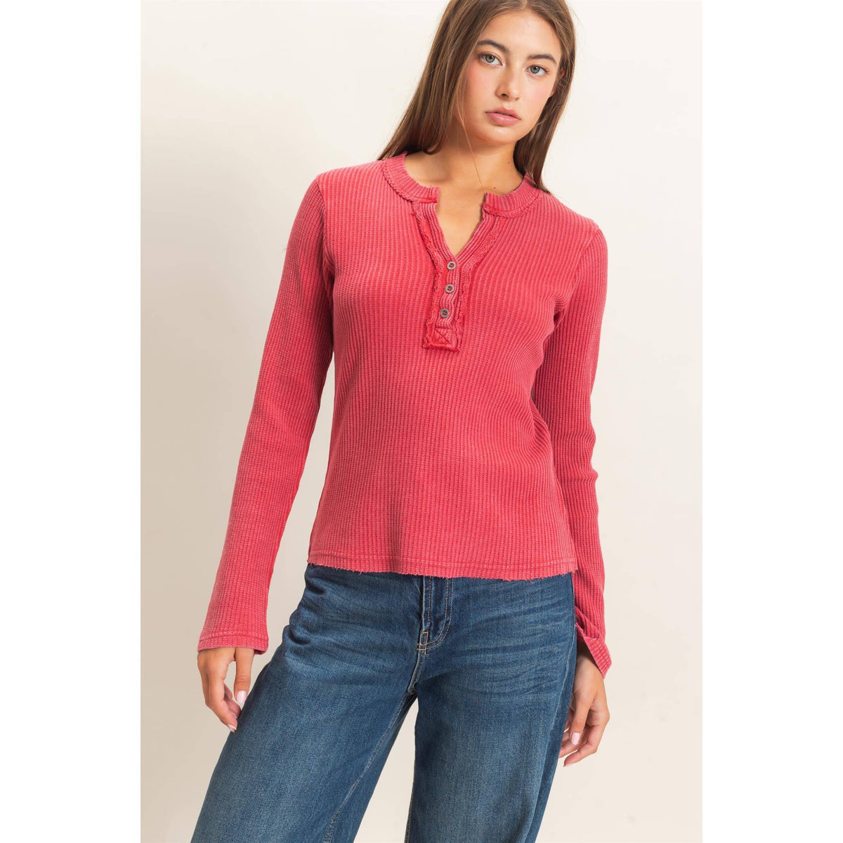 Mineral Wash Waffle Henley Long Sleeve Top