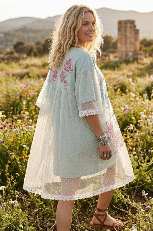 ANGEL PRINTED TERRY DOTTED MESH LAYERED DRESS