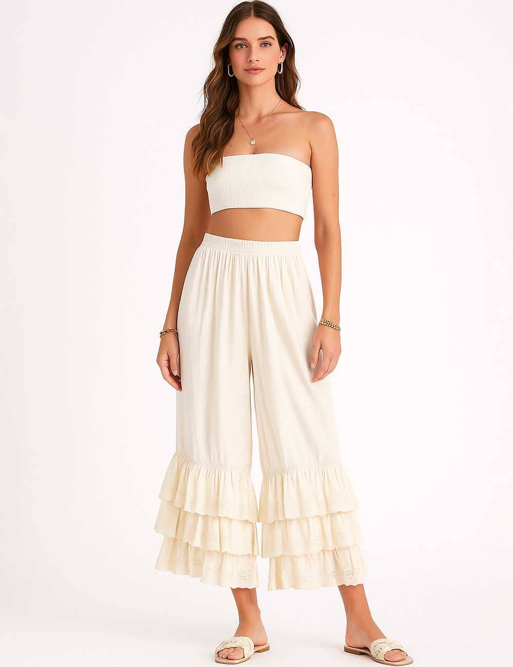 Ladies Solid Color Elastic Waist Pull -On Tiered Ruffle Pants