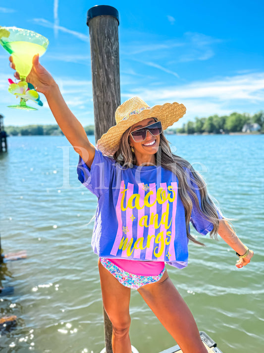 Striped Tacos & Margs Graphic Tee on Violet