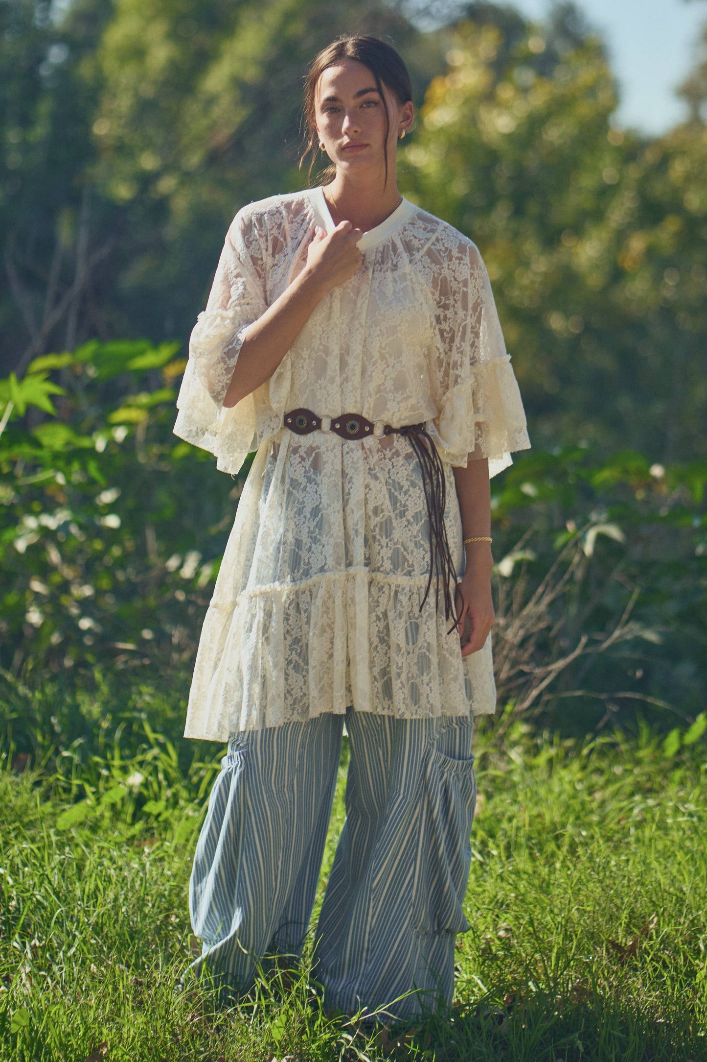 SHEERED LACE TIERED SLEEVE FLOWY TUNIC TOP