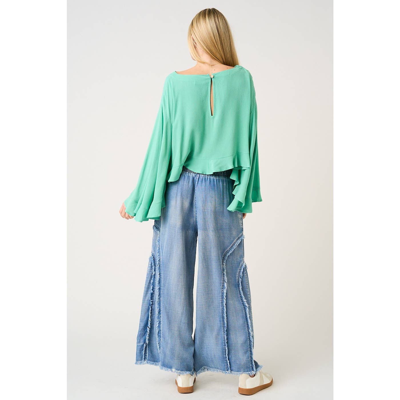WASHED CHAMBRAY SMOCKED FRINGE WIDE LEG PANTS