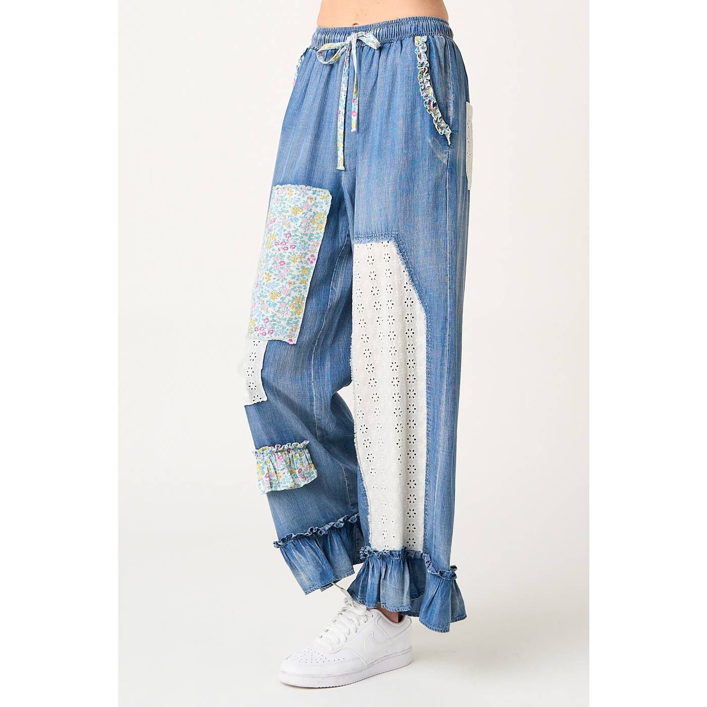 WASHED CHAMBRAY PATCHWORK WIDE LEG PANTS
