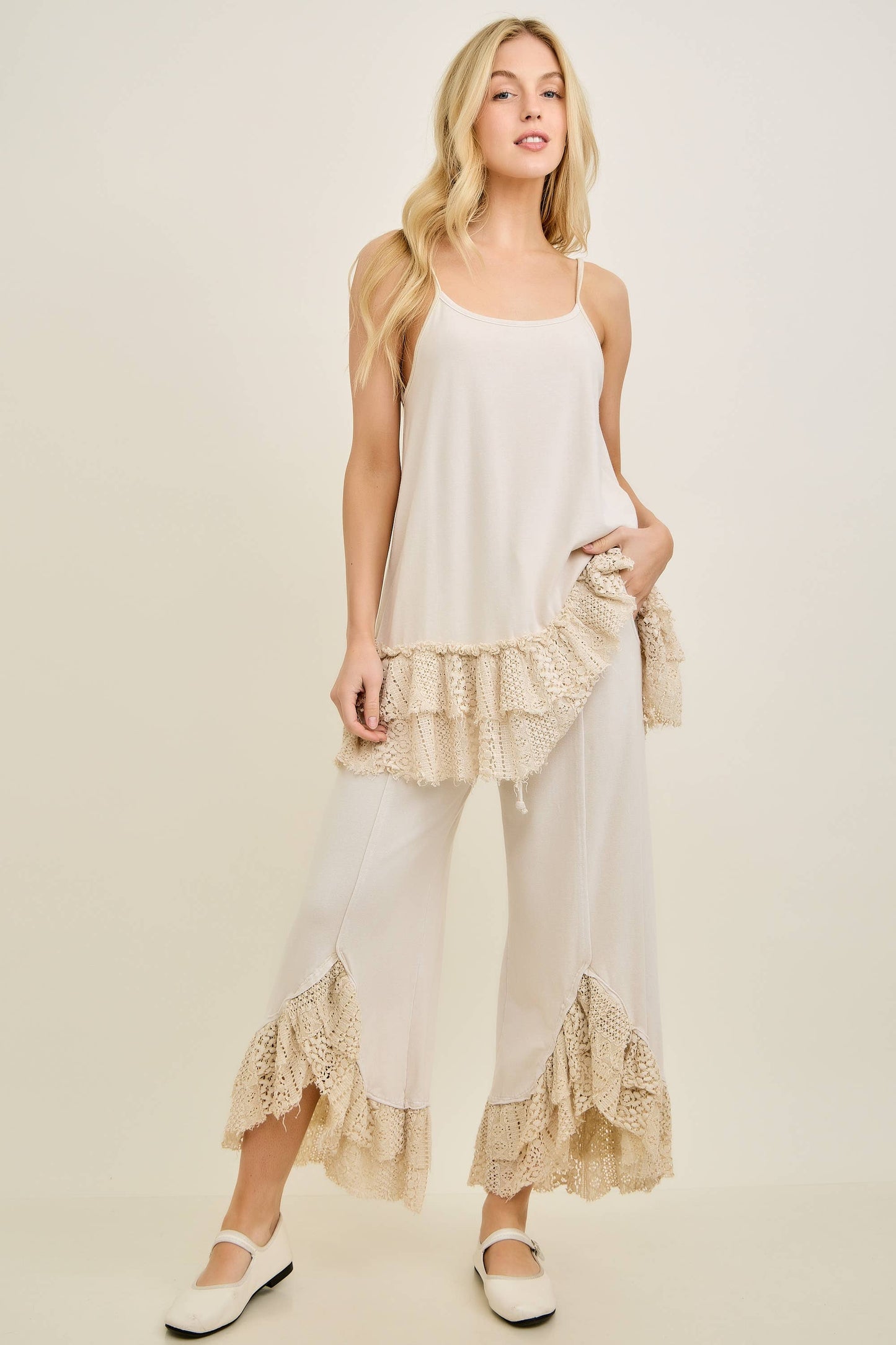 Mineral Washed Tiered Lace Cami Tank top Layering top HT7096