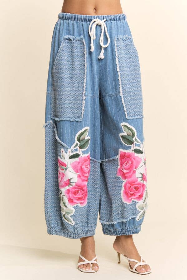 PRINTED FLOWER PATCHWORK PANTS