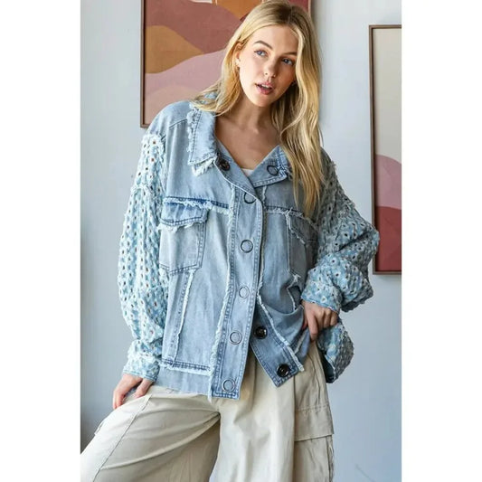 Washed Contrast Sleeve Denim Button Down Jacket
