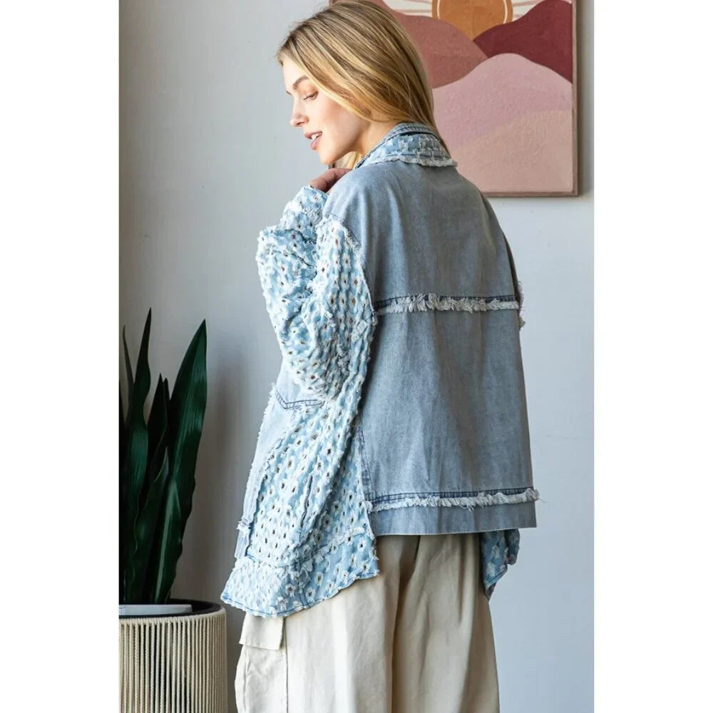 Washed Contrast Sleeve Denim Button Down Jacket