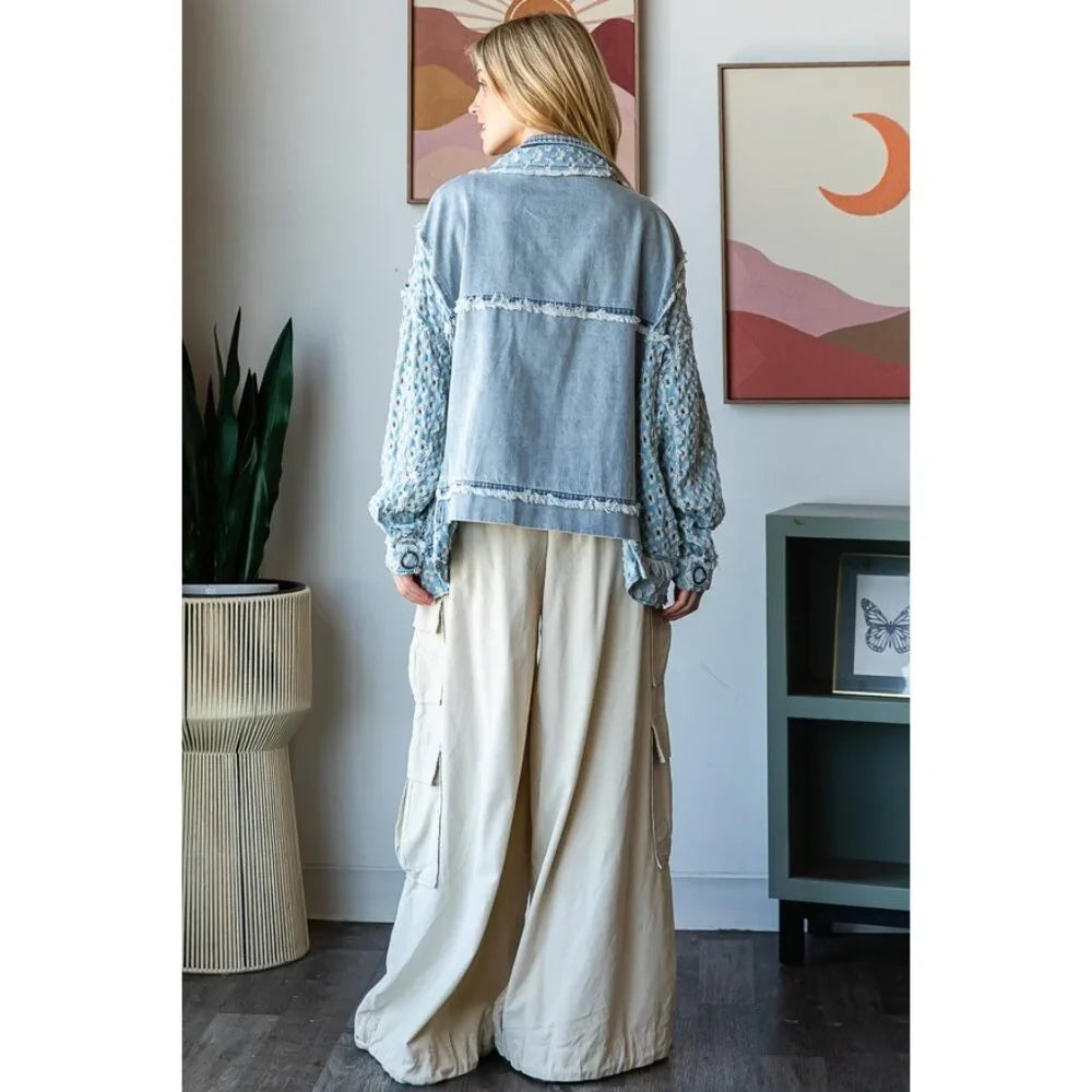 Washed Contrast Sleeve Denim Button Down Jacket